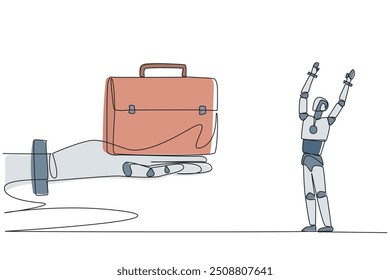 Uma linha contínua desenhando um robô animado para obter a pasta de mão gigante. Robôs de marketing. Apresentando tecnologia em todos os lugares. Viagem de negócios. Tecnologia. Ilustração de vetor de design de uma linha