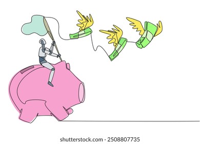 Single continuous line drawing a robot riding piggy bank catch flying banknotes. Financial crisis. Artificial intelligence detects other profit money. Technology. One line design vector illustration