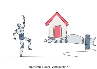 Línea continua única dibujando un robot emocionado para conseguir una casa en miniatura de mano gigante. La mejor casa de producción de tecnología. Inteligencia artificial del futuro. Ilustración vectorial de diseño de una línea