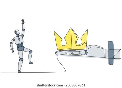 Single continuous line drawing robot happy to get the crown from the giant hand. Mastering the world of technology. Master the best. Future technology development. One line design vector illustration