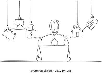 Single continuous line drawing robot typing on laptop and 5 important icons. Intelligence to secure multiple accounts. Secure. National Senior Fraud Awareness Day. One line design vector illustration
