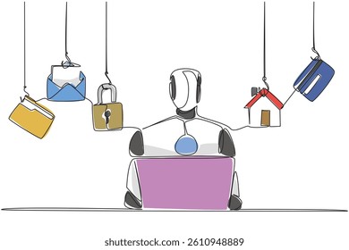 Single continuous line drawing robot typing on laptop and 5 important icons. Intelligence to secure multiple accounts. Secure. National Senior Fraud Awareness Day. One line design vector illustration