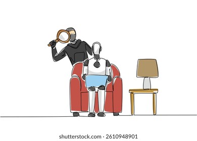 Single continuous line drawing robot sits on sofa holding laptop and masked thief uses a magnifier. Observe before breaking in. National Senior Fraud Awareness Day. One line design vector illustration