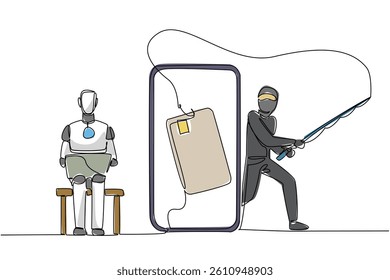 Single continuous line drawing robot sits on laptop and thief fishes large credit card. Penetrating smartest security systems. National Senior Fraud Awareness Day. One line design vector illustration