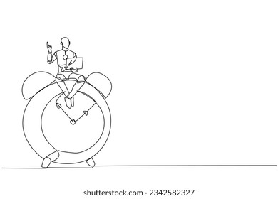 Single continuous line drawing robotic artificial intelligence sitting on giant alarm clock holding laptop raise one hand. Electronic technology industry. Future. One line design vector illustration