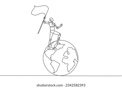 Single continuous line drawing of robotic artificial intelligence standing on giant globe holding flag. Future technology development. Metaphor of conquering world. One line design vector illustration