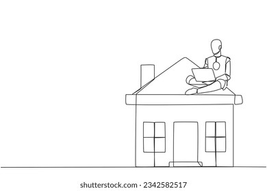 Una línea continua dibujando inteligencia artificial robótica sentada en una casa pequeña mecanografiando portátil. Robot de la división de marketing. Venta de casas a través de internet y medios sociales. vector de diseño de una línea