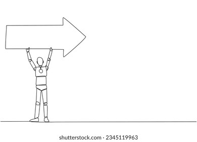 Single continuous line drawing robotic artificial intelligence together raised the arrow above head. Electronic technology. Future technology development concept. One line design vector illustration