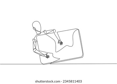 Single continuous line drawing robotic hugging laptop computer. Rransferring data from laptop to the robot's artificial brain. Artificial intelligence technology. One line design vector illustration