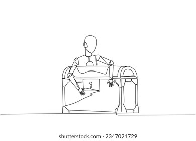 Single continuous line drawing robotic hugging treasure chest. Scans were carried out to determine how antique the objects were inside. Future technology concept. One line design vector illustration