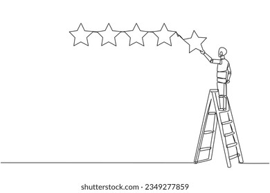 Una sola línea continua dibujando la inteligencia artificial robótica escala la escalera lleva 1 estrella, haciéndola 5 estrellas seguidas. Dar muy buena recomendación al vendedor. Ilustración vectorial de diseño de una línea