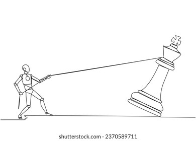 Single continuous line drawing robotic future technology pulling big king chess with rope. Business achievement goal, strategy, competitive, strategic concept. One line design vector illustration