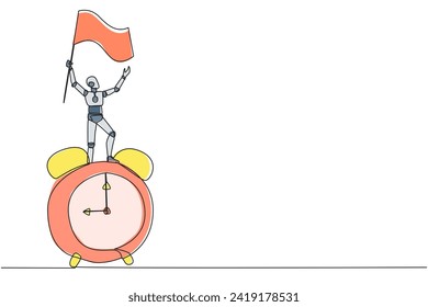 Single continuous line drawing of robotic artificial intelligence standing on giant alarm clock holding fluttering flag. Future technology development concept. One line design vector illustration