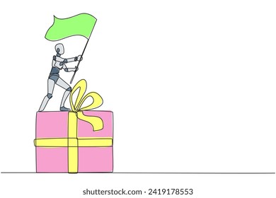 Single continuous line drawing of robotic artificial intelligence standing on giant gift box holding fluttering flag. Prizes for outstanding tech processing. Future technology. One line design vector