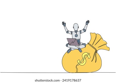 Single continuous line drawing robotic artificial intelligence sitting on giant money bag holding laptop raise both hands. Successful robotic. Future technology. One line design vector illustration