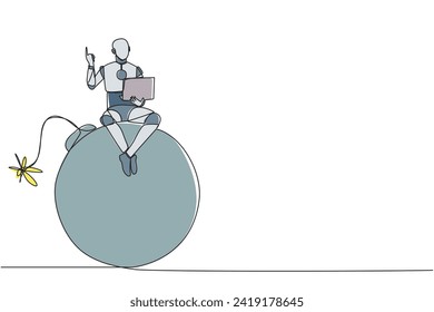 Eine einzige durchgehende Linie zeichnen robotische künstliche Intelligenz sitzend auf einer großen Bombe mit einer brennenden Sicherung, die Laptop hält, heben eine Hand. Warnroboter. Gefahrenzeichen. Eine Linie design, Vektorgrafik-Illustration