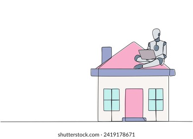 Single continuous line drawing robotic artificial intelligence sitting on miniature house typing laptop. Marketing division robot. Selling houses via internet and social media. One line design vector