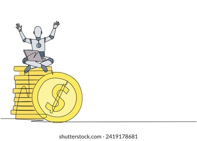 Single continuous line drawing robotic artificial intelligence sitting on stack of giant coins sign dollar holding laptop raise both hands. Robot collecting money. One line design vector illustration