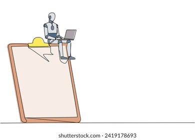 Single continuous line drawing robotic artificial intelligence sitting on giant clipboard typing laptop. Modern robot double-check work. Technology future concept. One line design vector illustration