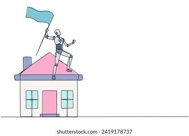 Single continuous line drawing of robotic artificial intelligence standing on miniature house holding fluttering flag. Future technology robot development concept. One line design vector illustration