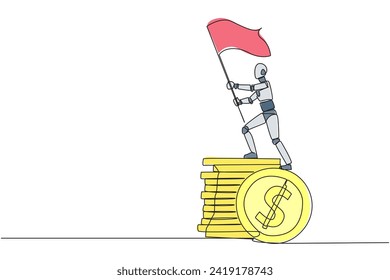 Single continuous line drawing of robotic artificial intelligence standing on giant stack of coins holding fluttering flag. Future technology robot development. One line design vector illustration