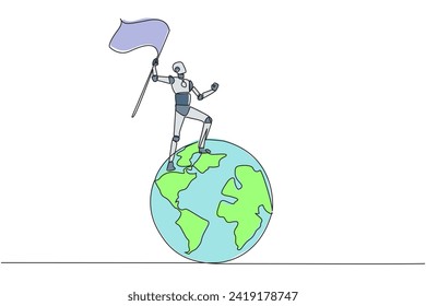 Single continuous line drawing of robotic artificial intelligence standing on giant globe holding flag. Future technology development. Metaphor of conquering world. One line design vector illustration
