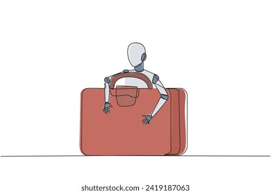Single continuous line drawing robotic hugging briefcase. Electronic bag. Can only be opened if it is connected to the robot. Future technology development concept. One line design vector illustration