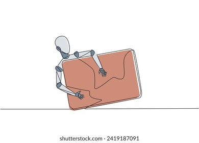 Una línea continua dibujando una computadora portátil robótica abrazando. Transfiriendo datos de la laptop al cerebro artificial del robot. Tecnología de inteligencia artificial. Ilustración vectorial de diseño de una línea