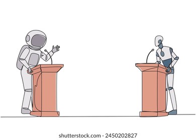 Single continuous line drawing robotic and astronaut arguing on the podium. Throwing arguments at each other, not wanting to give in. Feel most right. Debate. One line design vector illustration