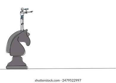 Single continuous line drawing robotic smart technology on top of big horse chess piece using monocular looking for success, opportunities, future business trend. One line design vector illustration