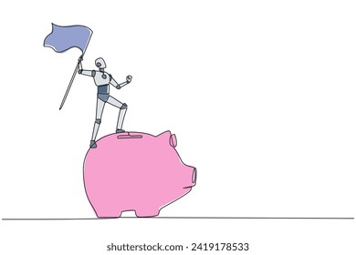 Single continuous line drawing of robotics artificial intelligence standing on giant piggy bank holding a fluttering flag. Robot invites to invest for business balance. One line vector illustration