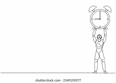 Single continuous line drawing robots lifting up big alarm clock. Modern robotics artificial intelligence technology. Electronic technology industry. One line draw graphic design vector illustration