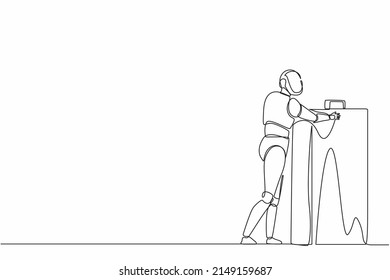 Single continuous line drawing robots standing and hugging huge briefcase. Humanoid robot cybernetic organism. Future robotics development concept. One line draw graphic design vector illustration