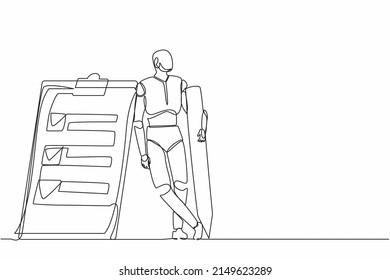 Single continuous line drawing robots holding big pencil and lean on clipboard. Modern robotics artificial intelligence technology. Electronic technology industry. One line draw graphic design vector