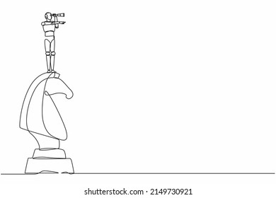 Single continuous line drawing robots on top of big horse chess piece using binocular. Modern robotics artificial intelligence technology. Electronic industry. One line draw graphic design vector