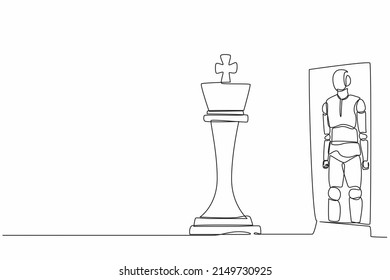 Single continuous line drawing robots standing in front of mirror, reflecting chess king. Modern robotics artificial intelligence. Electronic technology industry. One line draw graphic design vector