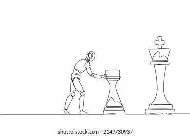 Single continuous line drawing robots push huge rook chess piece to take down king. Modern robotics artificial intelligence technology. Electronic technology industry. One line graphic design vector