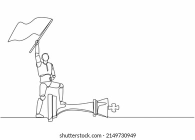 Single continuous line drawing robots holding flag and defeat chess king. Modern robotics artificial intelligence. Electronic technology industry. One line draw graphic design vector illustration