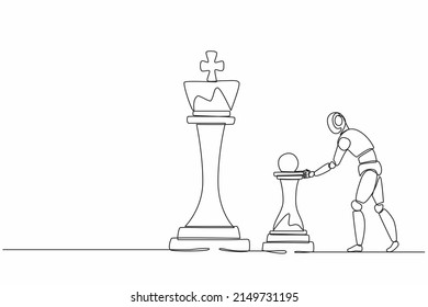 Single continuous line drawing robots push huge pawn chess piece to take down king. Modern robotics artificial intelligence. Electronic technology industry. One line graphic design vector illustration