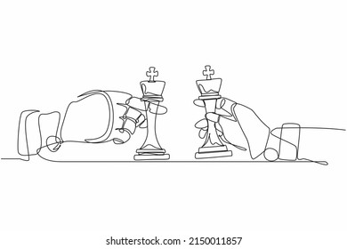 Single continuous line drawing robots hands holding king chess piece and the other hand too. Robotics artificial intelligence. Electronic technology industry. One line draw design vector illustration