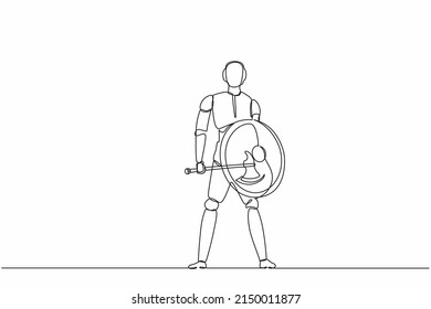 Single continuous line drawing robots standing holding axe and shield. Modern robotics artificial intelligence technology. Electronic technology industry. One line graphic design vector illustration