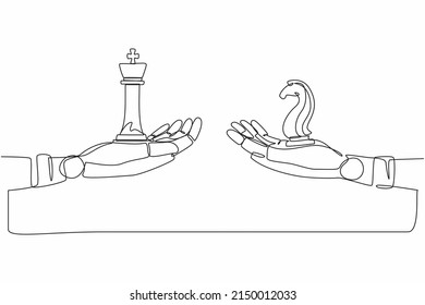 Single continuous line drawing robots hands with king and horse chess pieces. Modern robotics artificial intelligence technology. Electronic technology industry. One line draw graphic design vector