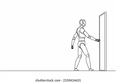 Single continuous line drawing robots holding door knob and enter work space. Modern robotics artificial intelligence technology. Electronic technology industry. One line draw graphic design vector