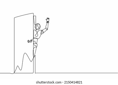 Single continuous line drawing robots peeking of door and wave hands. Modern robotics artificial intelligence technology. Electronic technology industry. One line graphic design vector illustration