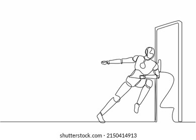 Single continuous line drawing robots running wants to break down the door. Modern robotics artificial intelligence technology. Electronic technology industry. One line draw design vector illustration