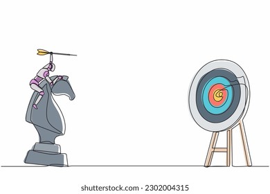 Single continuous line drawing robots holding dart arrow while riding chess knight piece. Modern robotics artificial intelligence. Electronic technology industry. One line draw graphic design vector