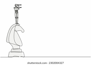 Single continuous line drawing robots on top of big horse chess piece using binocular. Modern robotics artificial intelligence technology. Electronic industry. One line draw graphic design vector
