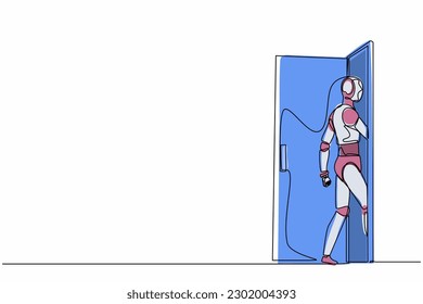 Single continuous line drawing robots walking enters the room through the door. Modern robotics artificial intelligence technology. Electronic technology industry. One line draw graphic design vector