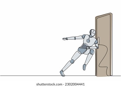 Single continuous line drawing robots running wants to break down the door. Modern robotics artificial intelligence technology. Electronic technology industry. One line draw design vector illustration