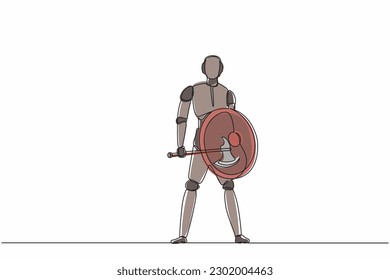 Single continuous line drawing robots standing holding axe and shield. Modern robotics artificial intelligence technology. Electronic technology industry. One line graphic design vector illustration
